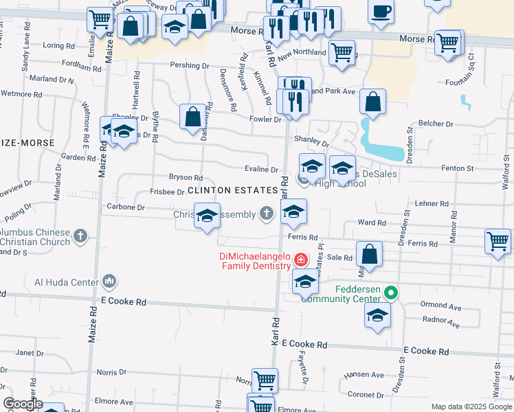 map of restaurants, bars, coffee shops, grocery stores, and more near 4099 Karl Road in Columbus