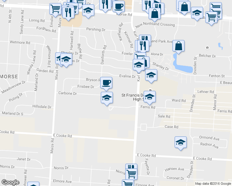 map of restaurants, bars, coffee shops, grocery stores, and more near 4119 Karl Road in Columbus