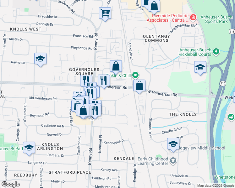 map of restaurants, bars, coffee shops, grocery stores, and more near 989 Old Henderson Road in Columbus