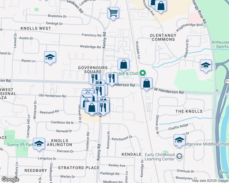 map of restaurants, bars, coffee shops, grocery stores, and more near 1003 Old Henderson Road in Columbus