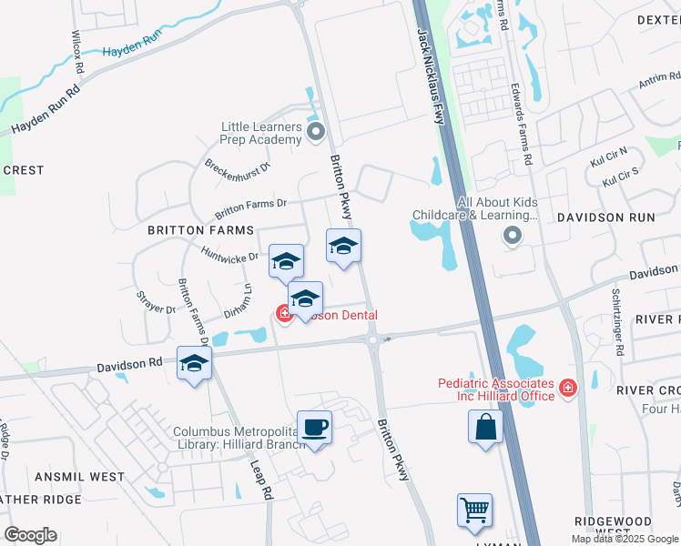 map of restaurants, bars, coffee shops, grocery stores, and more near 4501 Britton Road in Hilliard