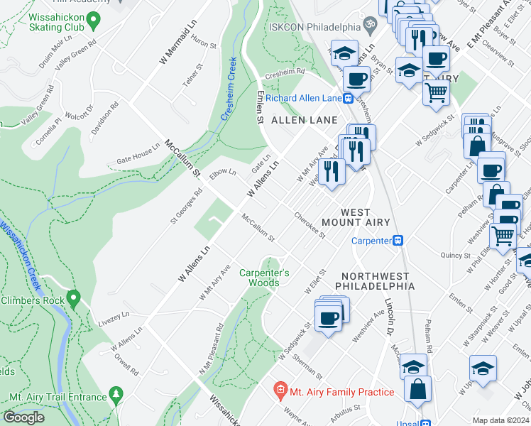 map of restaurants, bars, coffee shops, grocery stores, and more near 515 West Mount Airy Avenue in Philadelphia
