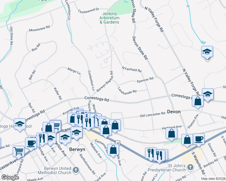 map of restaurants, bars, coffee shops, grocery stores, and more near 421 Conestoga Road in Berwyn