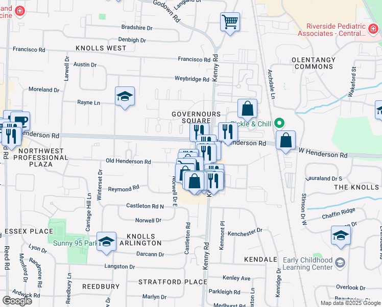 map of restaurants, bars, coffee shops, grocery stores, and more near 1201 Old Henderson Road in Columbus