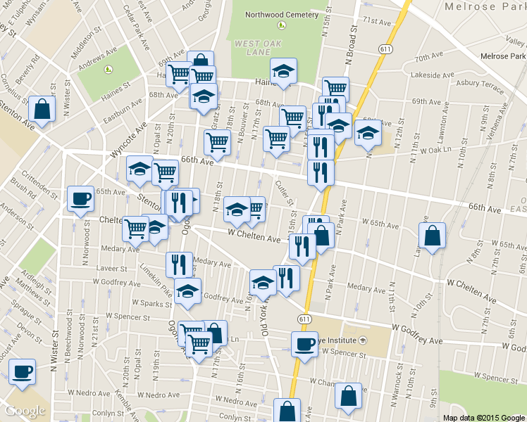 map of restaurants, bars, coffee shops, grocery stores, and more near 6450 N 16th St in Philadelphia