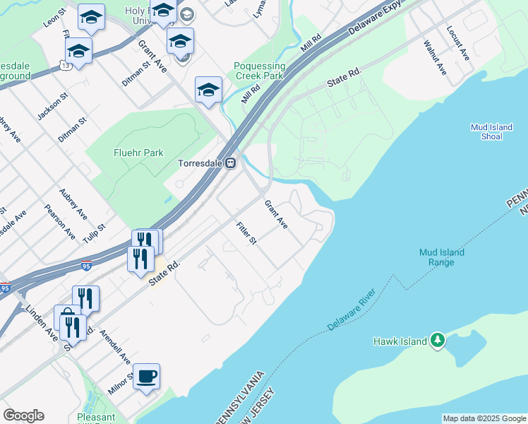 map of restaurants, bars, coffee shops, grocery stores, and more near 5018 Grant Avenue in Philadelphia