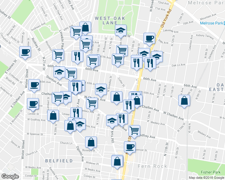 map of restaurants, bars, coffee shops, grocery stores, and more near 6450 N 16th St in Philadelphia