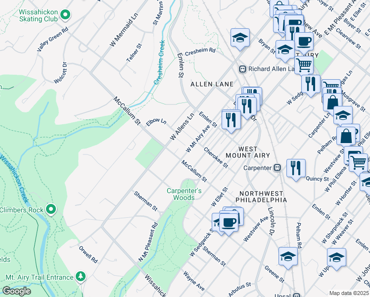 map of restaurants, bars, coffee shops, grocery stores, and more near 515 West Mount Airy Avenue in Philadelphia