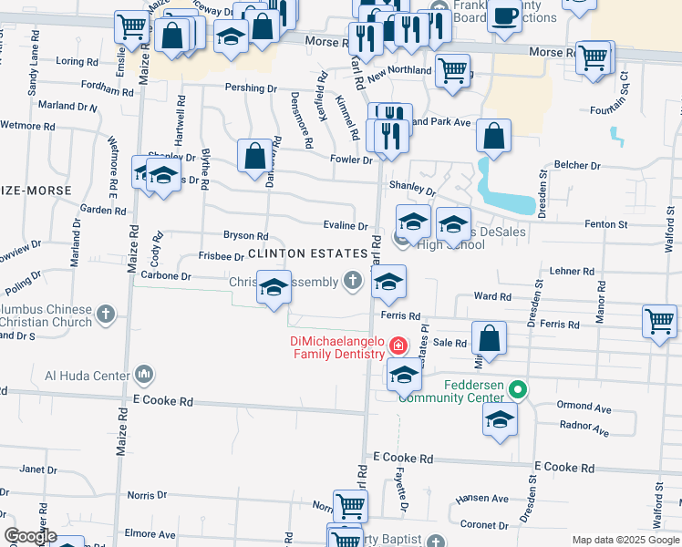 map of restaurants, bars, coffee shops, grocery stores, and more near 4099 Karl Road in Columbus