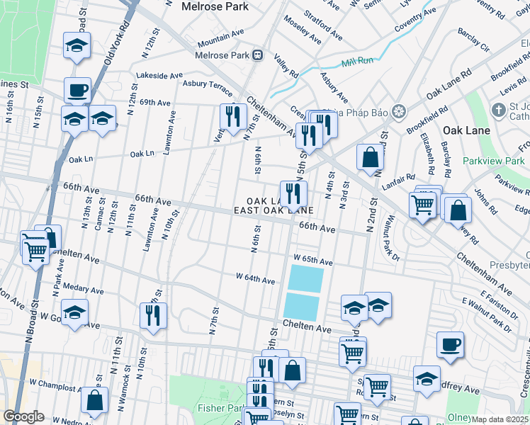 map of restaurants, bars, coffee shops, grocery stores, and more near 6607 North 6th Street in Philadelphia