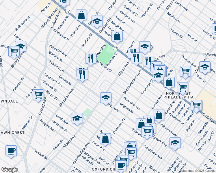 map of restaurants, bars, coffee shops, grocery stores, and more near 7052 Algon Avenue in Philadelphia