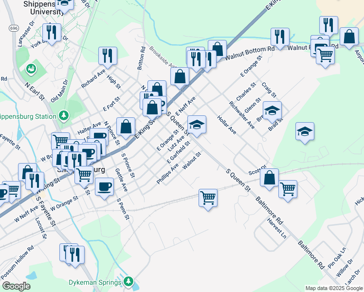 map of restaurants, bars, coffee shops, grocery stores, and more near 329 East Garfield Street in Shippensburg