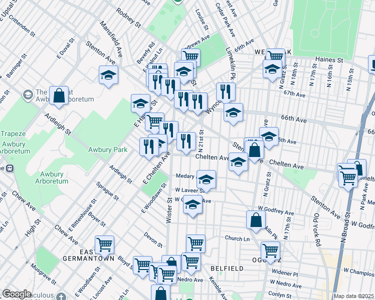 map of restaurants, bars, coffee shops, grocery stores, and more near 6414 North Norwood Street in Philadelphia