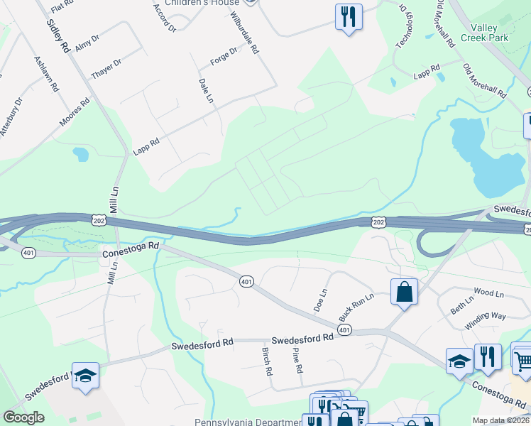map of restaurants, bars, coffee shops, grocery stores, and more near 272 Lapp Road in Malvern