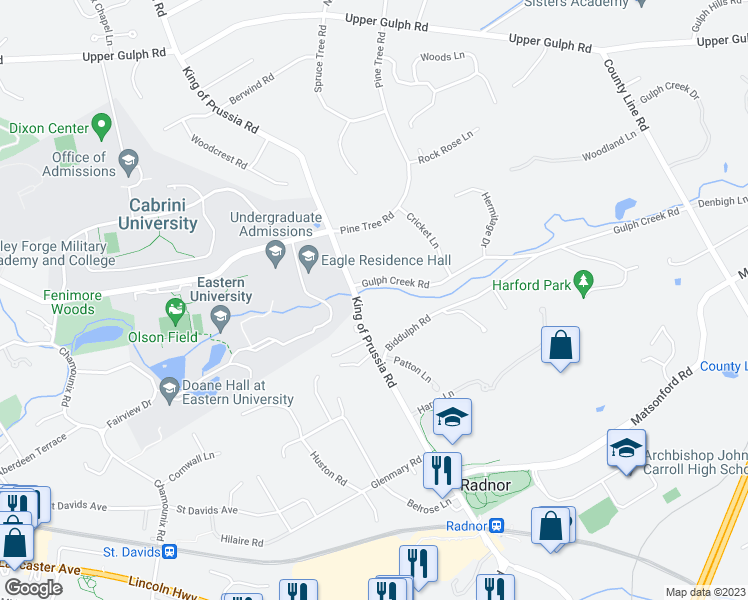 map of restaurants, bars, coffee shops, grocery stores, and more near 473 King of Prussia Road in Wayne