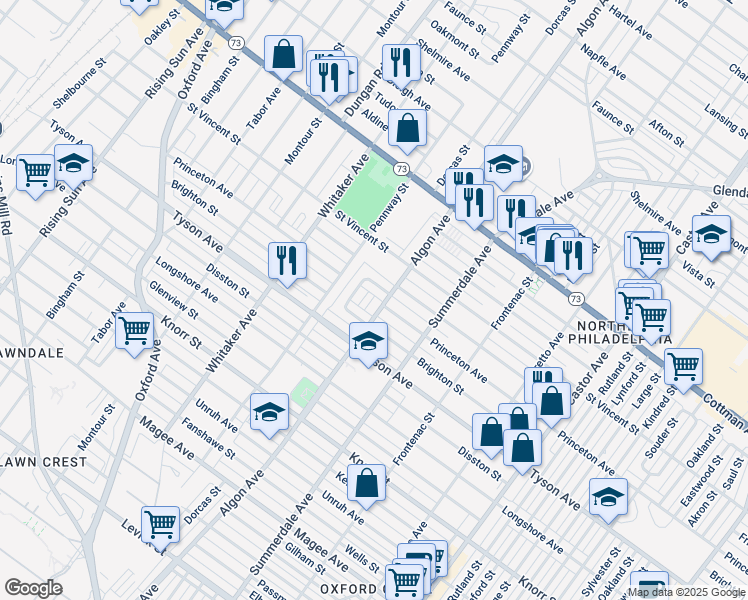 map of restaurants, bars, coffee shops, grocery stores, and more near 7052 Algon Avenue in Philadelphia