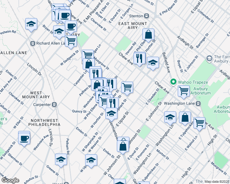 map of restaurants, bars, coffee shops, grocery stores, and more near 75 East Hortter Street in Philadelphia