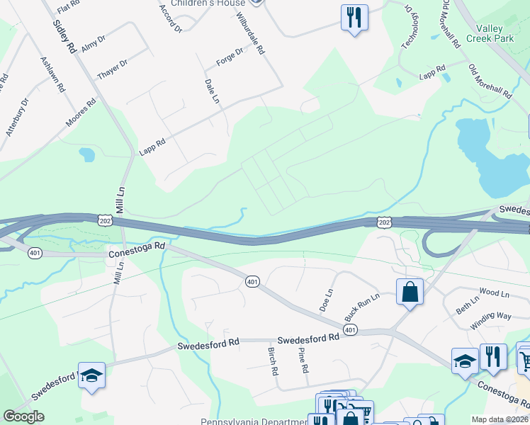 map of restaurants, bars, coffee shops, grocery stores, and more near 272 Lapp Road in Malvern