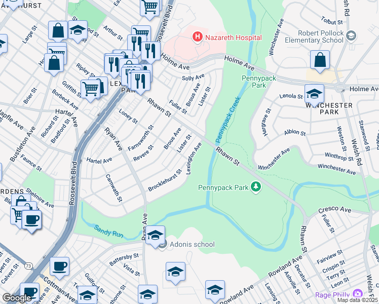 map of restaurants, bars, coffee shops, grocery stores, and more near 7908 Lexington Avenue in Philadelphia