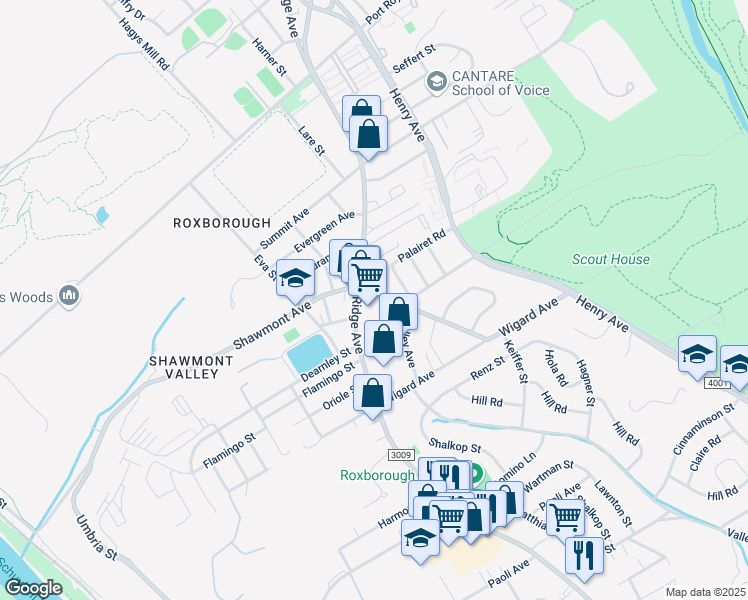 map of restaurants, bars, coffee shops, grocery stores, and more near 619 Shawmont Avenue in Philadelphia