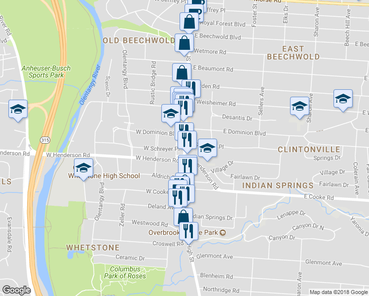 map of restaurants, bars, coffee shops, grocery stores, and more near 2 West Schreyer Place in Columbus