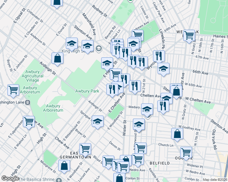 map of restaurants, bars, coffee shops, grocery stores, and more near 5738 Crittenden Street in Philadelphia