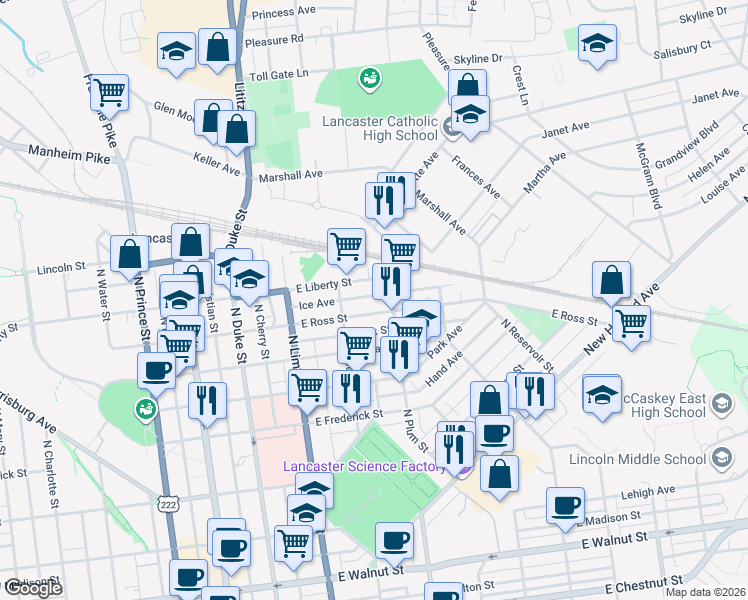 map of restaurants, bars, coffee shops, grocery stores, and more near 341 East Liberty Street in Lancaster