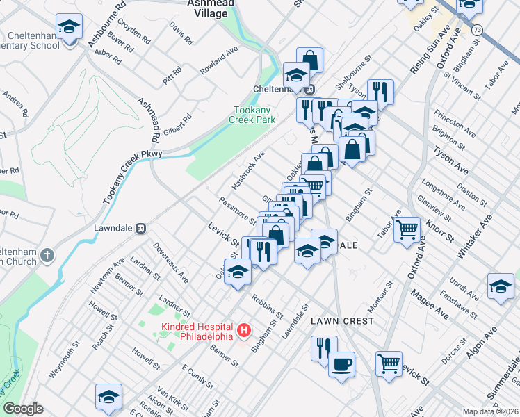 map of restaurants, bars, coffee shops, grocery stores, and more near 341 Gilham Street in Philadelphia