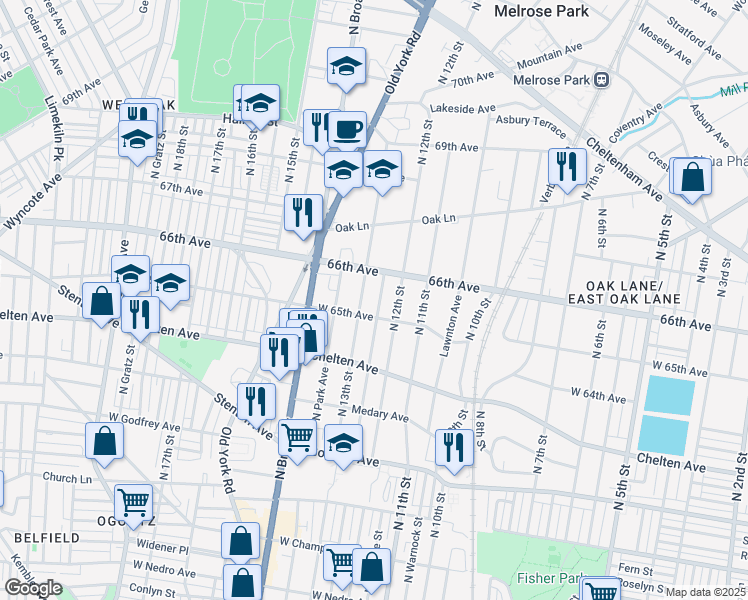 map of restaurants, bars, coffee shops, grocery stores, and more near 6526 North 13th Street in Philadelphia