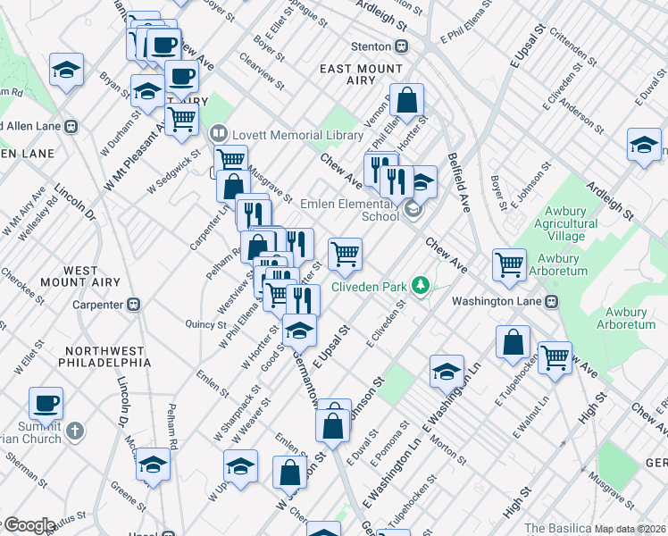 map of restaurants, bars, coffee shops, grocery stores, and more near 6634 Musgrave Street in Philadelphia