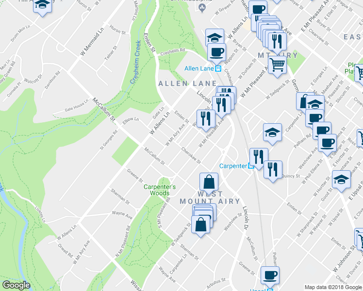 map of restaurants, bars, coffee shops, grocery stores, and more near 432 West Mount Airy Avenue in Philadelphia