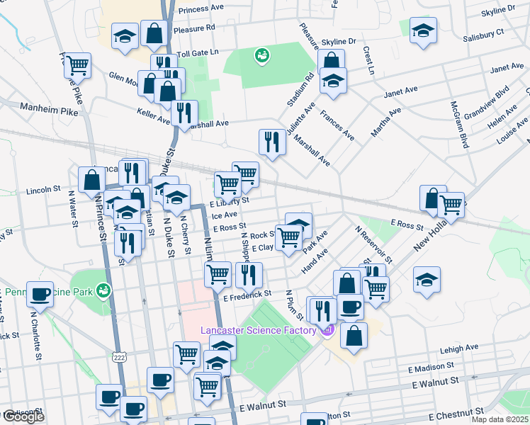 map of restaurants, bars, coffee shops, grocery stores, and more near 341 East Liberty Street in Lancaster