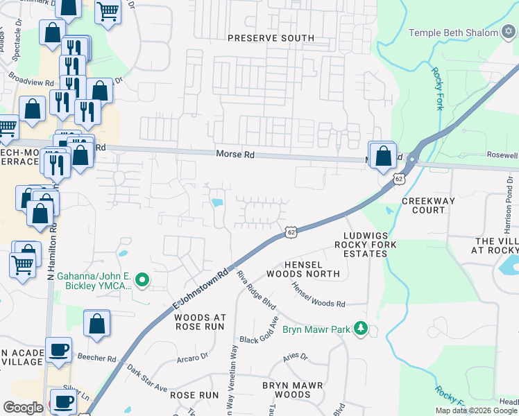 map of restaurants, bars, coffee shops, grocery stores, and more near 765 Windward Lane in Gahanna