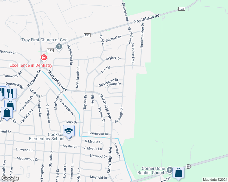 map of restaurants, bars, coffee shops, grocery stores, and more near 1275 Hilltop Drive in Troy