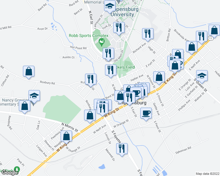 map of restaurants, bars, coffee shops, grocery stores, and more near 120 North Seneca Street in Shippensburg
