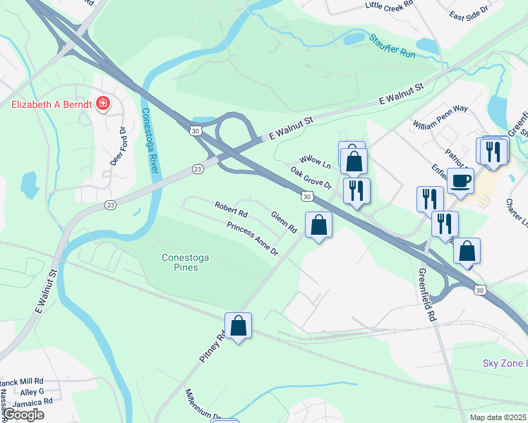 map of restaurants, bars, coffee shops, grocery stores, and more near 1634 Glenn Road in Lancaster