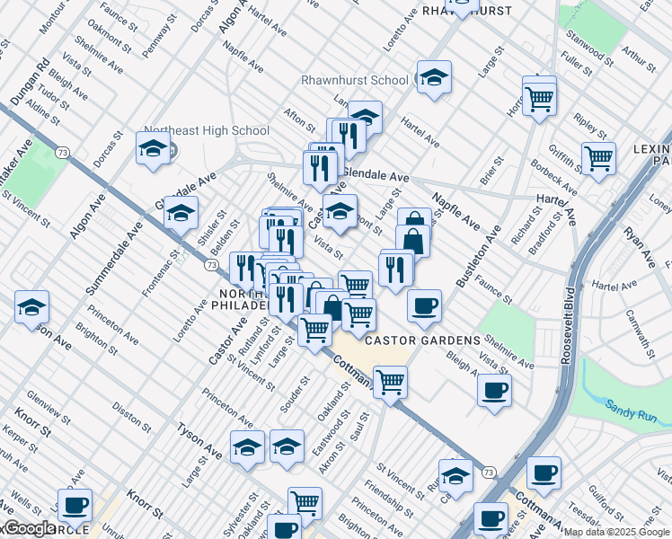 map of restaurants, bars, coffee shops, grocery stores, and more near 7400 Large Street in Philadelphia
