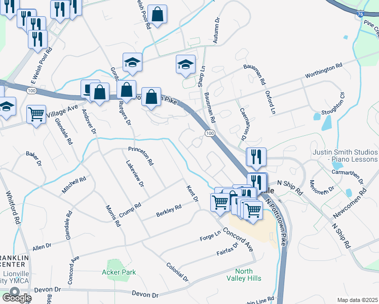 map of restaurants, bars, coffee shops, grocery stores, and more near 121 Heritage Lane in Exton