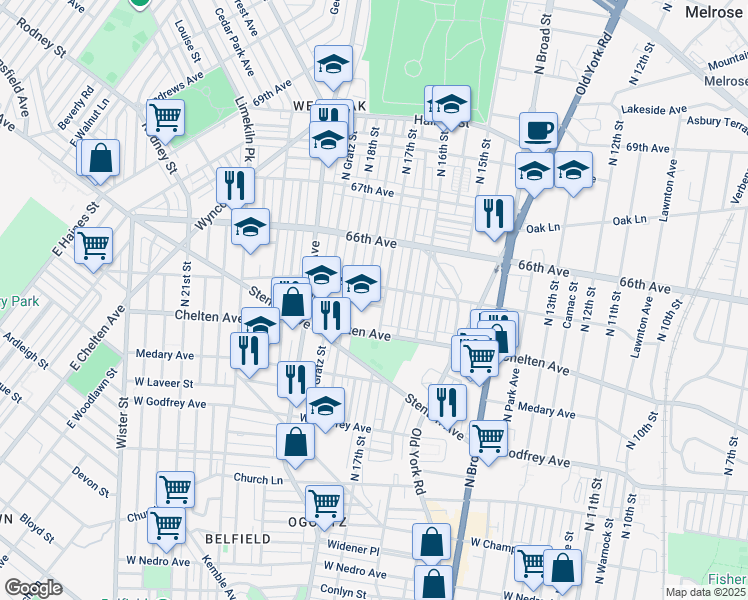 map of restaurants, bars, coffee shops, grocery stores, and more near 1713 West Colonial Street in Philadelphia