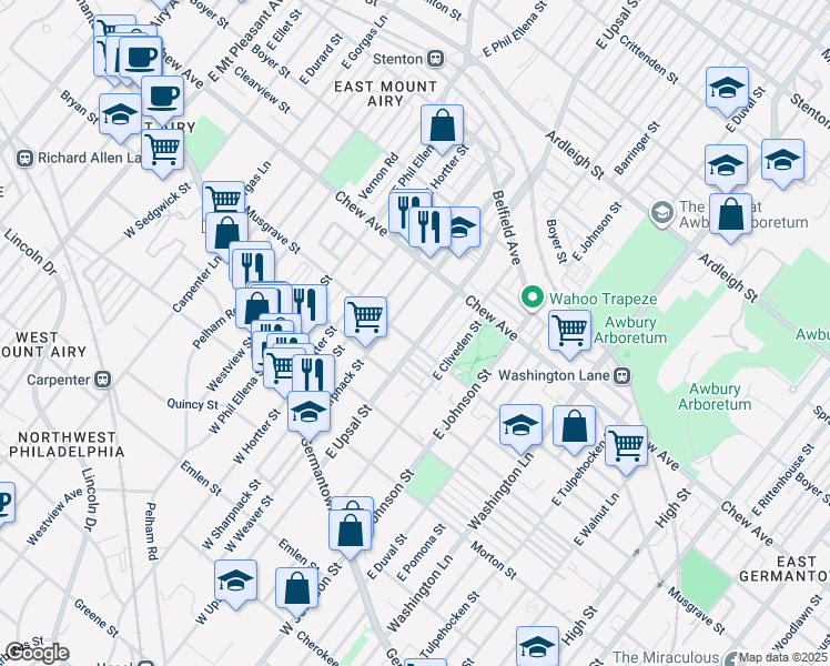 map of restaurants, bars, coffee shops, grocery stores, and more near 307 East Upsal Street in Philadelphia
