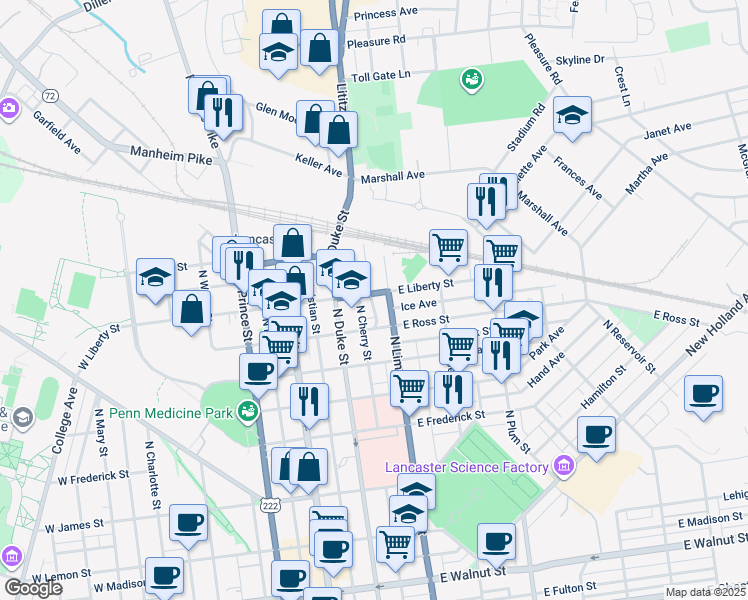 map of restaurants, bars, coffee shops, grocery stores, and more near 132 East Liberty Street in Lancaster