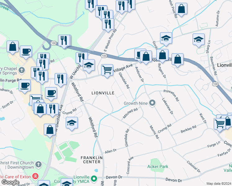 map of restaurants, bars, coffee shops, grocery stores, and more near 223 Village Walk in Exton