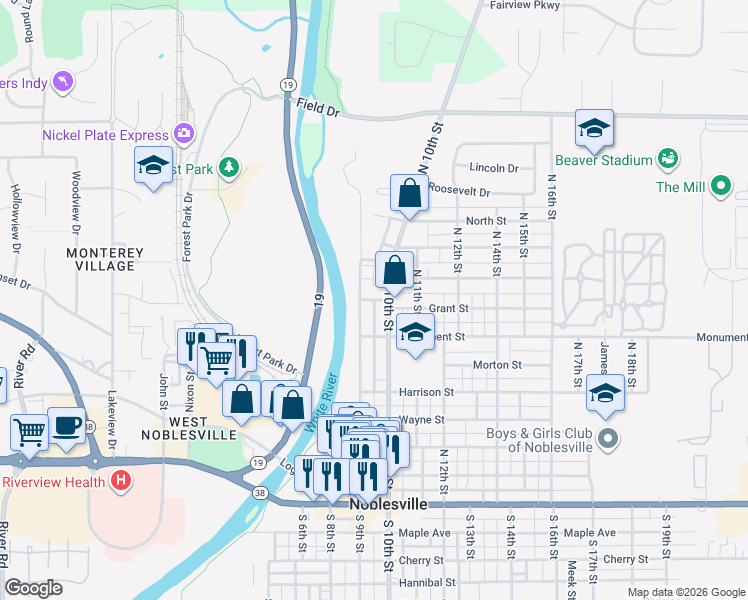 map of restaurants, bars, coffee shops, grocery stores, and more near Anderson Street in Noblesville