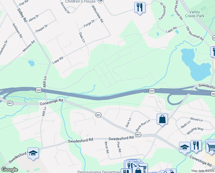 map of restaurants, bars, coffee shops, grocery stores, and more near 272 Lapp Road in Malvern
