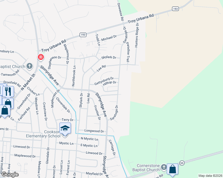 map of restaurants, bars, coffee shops, grocery stores, and more near 1219 Hilltop Drive in Troy