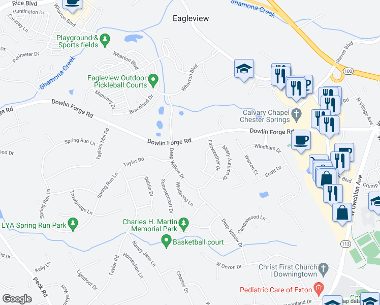 map of restaurants, bars, coffee shops, grocery stores, and more near 426 Dowlin Forge Road in Exton