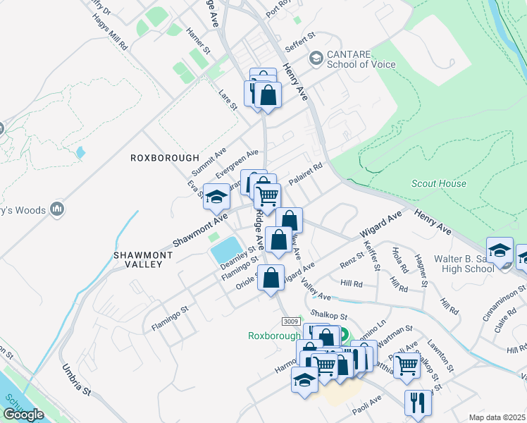 map of restaurants, bars, coffee shops, grocery stores, and more near 7727 Ridge Avenue in Philadelphia