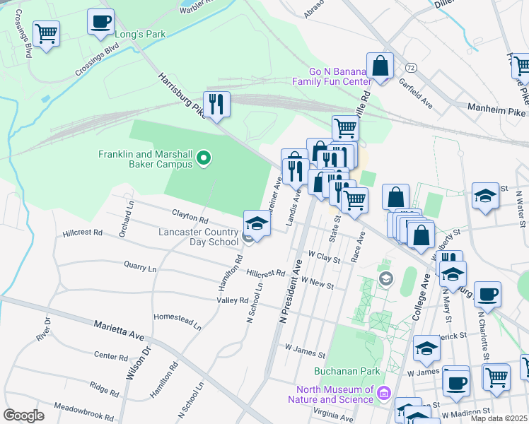 map of restaurants, bars, coffee shops, grocery stores, and more near 906 Shreiner Avenue in Lancaster