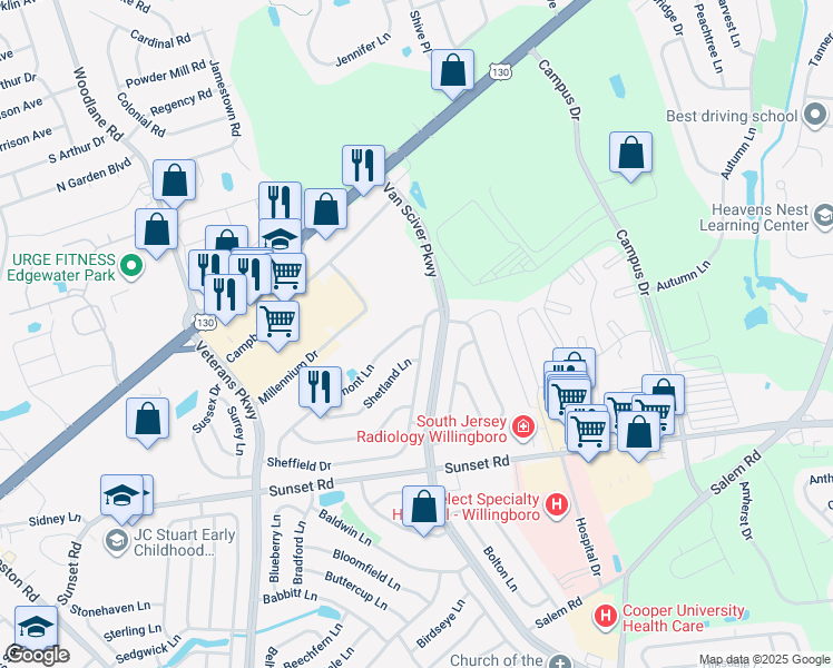 map of restaurants, bars, coffee shops, grocery stores, and more near 108 Shawmont Lane in Willingboro