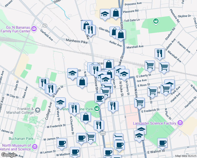 map of restaurants, bars, coffee shops, grocery stores, and more near 909 North Prince Street in Lancaster